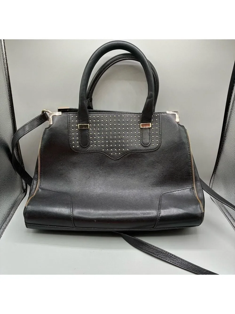 Rebecca Minkoff Amorous Satchel Handbag Black Satin Leather Crossbody